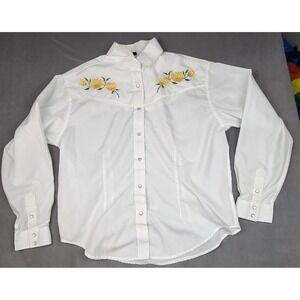 White Horse Western Pearl Snap Womens Shirt Medium White Flora Embroidered Rose